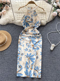 Runhufu Senior Pearl Halter Ladies Dress Off Shoulder Elastic Waist Bodycon Dress 2024 Female Print Sexy Slit Long Dress