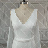 Runhufu Neck Column Crepe Wedding Dress Detachable Chiffon Shoulder Wings Custom Made Belt Simple V Neck Backless Satin Bridal Gowns