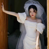 Runhufu New Women Wedding Dresses Elegant Boat Neck Bridal Dress With Puff Sleeve Comfortable Satin Simple Short Abiti Da Sposa