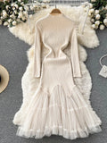 Runhufu Mesh Spliced Knitted Dress Women Long Sleeve Temperamant Midi Long Dress Winter Solid Party Fashtail Sweater Dress