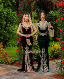 Runhufu robe Green Burgundy Velvet Mermaid Evening Dresses for Women Gold Appliques Luxury Arabian Formal Prom Dress with Slit