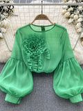 Runhufu Fashion Vintage Court Style Blouse Women Zipper Transparent Three Dimensional Floral Design 2024 Casual Loose T Shirt