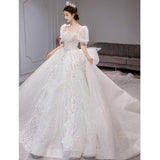 runhufu New Luxury Wedding Dresses Short Puff Sleeve Bridal Embroidered Organza And Tulle Sweetheart Heart Lace Wedding Gowns