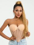 Runhufu Shell Mesh Sheer Crop Tube Top for Women Sexy Off-Shoulder Backless Lacing Strapless Pleated Irregular Hem Corsets Tops