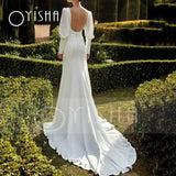 Runhufu Elegant Satin Wedding Dresses Sweep Train Mermaid Long Sleeve Sexy Deep V-Neck With Split Front 2023 Bridal Gown Backless