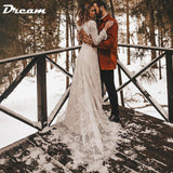 Runhufu Long Sleeves Floral Lace V Neck Boho Wedding Dress Deep V Neck Open Back Modest Rustic Civil Bridal Gown