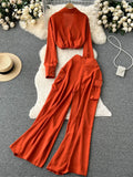 Runhufu Spring Fashion OL Two Pieces Suits Lapel Neck Blouse+Pocket Wide Leg Long Pant 2024 Women Streetwear Retro Casual Sets