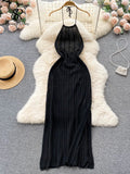 Runhufu Sexy Backless Knitted Dress Women Halter Sleeveless Hollow Out Split Sundress Korean Vacation Knit Beach Long Dress