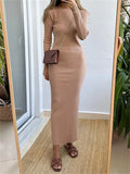 Runhufu Fall Casual Knit Ribbed Bodycon Long Dress Simple Style Solid Color Long Sleeve O Neck Wrapped Pencil Dress Street Party