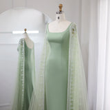Runhufu Said Luxury Blue Mermaid Dubai Evening Dresses with Cape Sleeves Sage Green Elegant Arabic Women Wedding Party GownsSS445