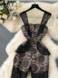 Runhufu Strap Embroidery Long Jumpsuits Fashion Ladies Sleeveless Slim High Quality Transparent Backless Lace Sexy Rompers