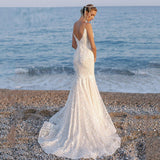 Runhufu Simple Sleeveless Beach Wedding Dress For Bride 2023 Spaghetti Straps V-Neck Bridal Gown Floral Lace Appliques Backless