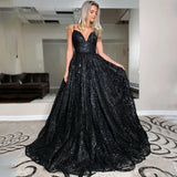 Runhufu Spaghetti Straps Floor-Length Pleats Black Sequins Tulle A-Line Evening Dresses Prom Gowns Robe De Soiree