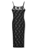 Runhufu Spaghetti Strap See Through Midi Dress Women Black Sexy Sheer Mesh Lace Floral Dresses Chic Y2K Beach Outfits Vestidos