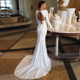 Runhufu Mermaid Wedding Dresses Long Slevee Mono Satin Bride Dress with Train Simple Civil Beach Bridal Gowns Backless