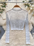 Runhufu Women Beading Sheer Sexy Top O Neck Long Sleeves Transparent Slim Short T Shirt Streetwear Ins Shiny Sequins Blouse