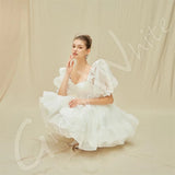 Runhufu Princess Wedding Dresses Tulle Short Mini Bridal Ball Gowns Puff Sleeves A-Line Ruffle Bride Robes Vestidos De Novia