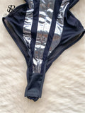 Runhufu Strap Shiny Sexy Bodysuits Ladies 2024 Sleeveless Patchwork Slim Lingerie Top Open Crotch Mesh Erotic Playsuits
