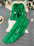 Runhufu Fashion Sweater Two Pieces Sets Ladies Long Sleeve Knit Cardigan+Wide Leg Long Pant Sets Women OL Loose Knitted Suits