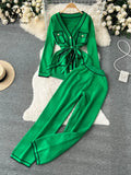 Runhufu Fashion Sweater Two Pieces Sets Ladies Long Sleeve Knit Cardigan+Wide Leg Long Pant Sets Women OL Loose Knitted Suits