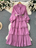 Runhufu Spring French Style Chiffon Long Dress 2024 Long Sleeve Single Breasted Fashion Belt Women A-Line Elegant Party Dress