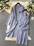 Runhufu Autumn Thick Warm Knitted Suits 2024 Strap Knit Dress+Loose Long Cardigans Sweater Home Wear Casual Two Pieces Sets