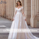 Runhufu NICEB Vintage Long Sleeve Wedding Dress Lace Appliques Robe De Mariée Illusion Back With Button Custom Made Sweep Train
