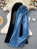 Runhufu American Retro Women Long Jeans Drawstring Zipper Design Flare Britches Streetwear Vintage Hotsweet Ins Denim Pants