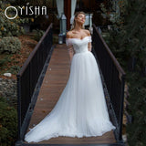Runhufu Simple Tulle Long Sleevees Wedding Dresses 2023 For Bridal Off Shoulder Backless A-Line Sweep Train Boho Vestido De Novia