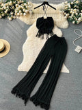Runhufu Summer Knitted Beach Two Pieces Sets Women Halter Backless Camis+Wide Legs Long Pants Tassel Hollow Out Bohe Suits