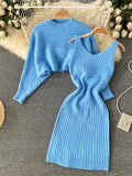 Runhufu Autumn Knitted Dress Suits Women O Neck Long Sleeves Short Pullover+Strap Elastic Dress Korean Sweater Two Pieces Sets