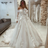 Runhufu Off Shoulder Lantern Sleeves Wedding Gowns Strapless A-Line Boho Princess Bridal Dresses Women Appliques Lace Bride Dress