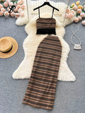 Runhufu Summer Knitted Beach Two Pieces Suits Women Strap Tassel Camis+Long Skirts Fashion Hollow Out Vintage Bohe Slim Sets