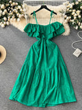 Runhufu High Street Cotton Embroidery Long Dress Women Hollow Out Backless Beach Sundress Fashion Off the Shoulder Sexy Dress