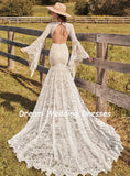 Runhufu O Neck Lace Bohemian Wedding Dresses Long Batwing Sleeve Cut Out Mermaid Bride Dress Backless Slit Beach Boho Bridal Gowns