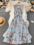 Runhufu Ethnic Style Print Dress Women Spring New Fashion Puff Sleeve Lace-up Design Sheath 2024 Retro A-Line Long Dress