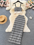 Runhufu Summer Knitted Beach Two Pieces Suits Women Strap Tassel Camis+Long Skirts Fashion Hollow Out Vintage Bohe Slim Sets