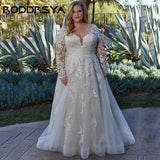 Runhufu Elegant Wedding Dresses For Woman Plus Size Long Sleeves Applique Bride Gowns A-Line V-Neck Tulle vestidos de novia
