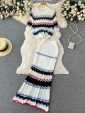 Runhufu New Summer Beach Knitted Two Pieces Suits Loose T Shirt+Long Skirt Sets High Street Elastic Waist Striped Casual Sets