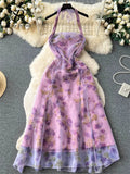 Runhufu Halter Floral Print Long Dress 2024 Sleeveless Organza Bohemian Backless Sundress High Quality Lace Up Beach Dress