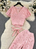 Runhufu High Street Women Lace Slim Two Pieces Suits Summer Lace Up Short Top+Wide Legs Long Pants Set Retro Lace Floral Sets