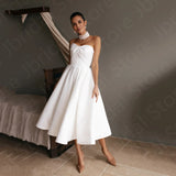 Runhufu Simple Sleeveless Wedding Dresses Short Bride Strapless Mid Calf Length Bridal Gowns Lace Up Back 2024 On Sale