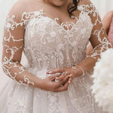 Runhufu Size A Line Wedding Dresses White For Women Big vestido de novia Long Sleeves Tulle Appliqued Lace Beads Pearls Court Train