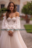 Runhufu Stylish Sweetheart Wedding Dresses for Women Puff Sleeves Tulle Sweep Train Lace Appliques Zipper Robe De Mariee