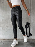 Runhufu PU Leather Casual Pencil Pants Women Autumn Winter Fashion Streetwear High Waist Drawstring Long Trousers with Pocket