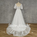Runhufu Real Picture Princess Square-Neck Puff Sleeves Appliques Tulle A-Line Wedding Dress Backless Sweep Train Bridal Gown
