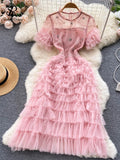 Runhufu French Sweet Lace Hollow Out Dress 2024 Summer Short Sleeve O Neck Long Dress Women Elastic Waist Sheath Cake Dress