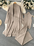 Runhufu Winter Casual Knitted Three Pieces Suits Women Long Sleeve Cardigans+Turtleneck Knit Tank Top+Warm Long Pant Sets