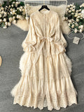 Runhufu French Hotsweet Long Dress Women O Neck Lantern Sleeve Fashion Single Breasted Lace up Design Embroidery Lace Dress