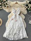 Runhufu Senior Lace Sling Sundress V Neck Backless Hook Flower Hollow Out Elastic Tassels Long A Line Streetwear Maxi Dress
